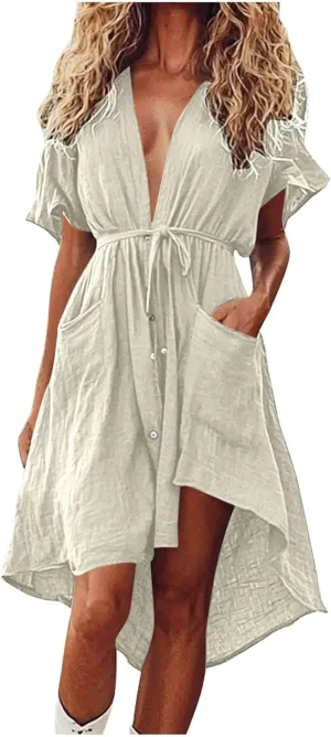 hlysgo Summer Dresses for Women Casual Loose Comfy Short Sleeve Beach Vacation Dress High-Low Hem V Neck Shirt Mini Dress