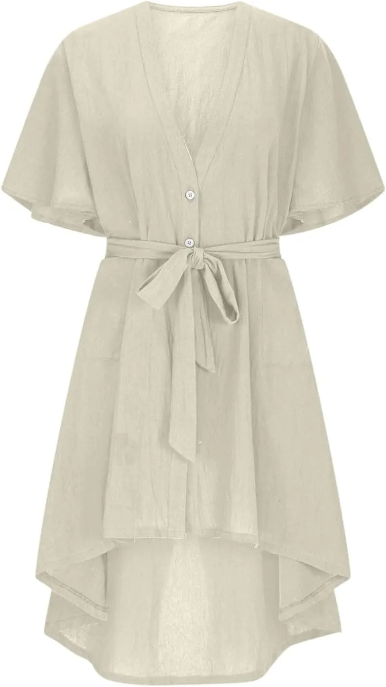 hlysgo Summer Dresses for Women Casual Loose Comfy Short Sleeve Beach Vacation Dress High-Low Hem V Neck Shirt Mini Dress
