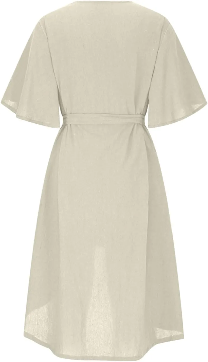 hlysgo Summer Dresses for Women Casual Loose Comfy Short Sleeve Beach Vacation Dress High-Low Hem V Neck Shirt Mini Dress