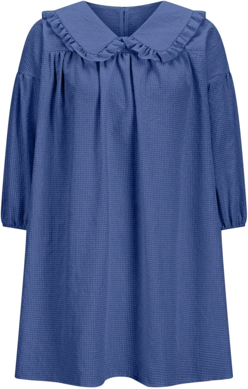 hlysgo Vacation Dresses for Women 2025 Casual Loose Fit 3/4 Sleeve Collar Neck Mini Dress Summer Solid Beach Babydoll Dress