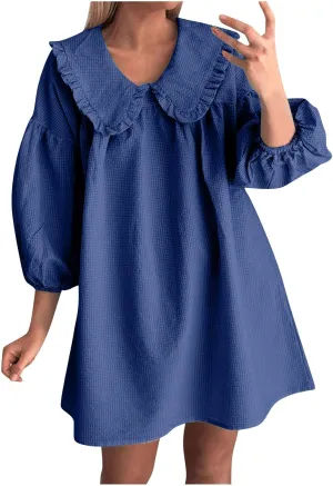 hlysgo Vacation Dresses for Women 2025 Casual Loose Fit 3/4 Sleeve Collar Neck Mini Dress Summer Solid Beach Babydoll Dress