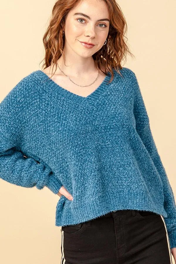 Hyfve Fuzzy Chenille V Neck Sweaters In Black Or Cobalt
