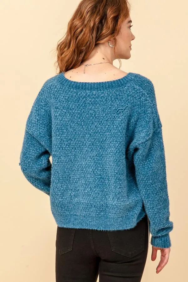Hyfve Fuzzy Chenille V Neck Sweaters In Black Or Cobalt