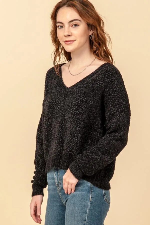Hyfve Fuzzy Chenille V Neck Sweaters In Black Or Cobalt