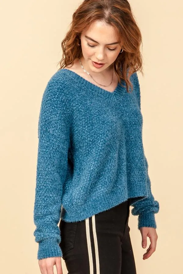 Hyfve Fuzzy Chenille V Neck Sweaters In Black Or Cobalt