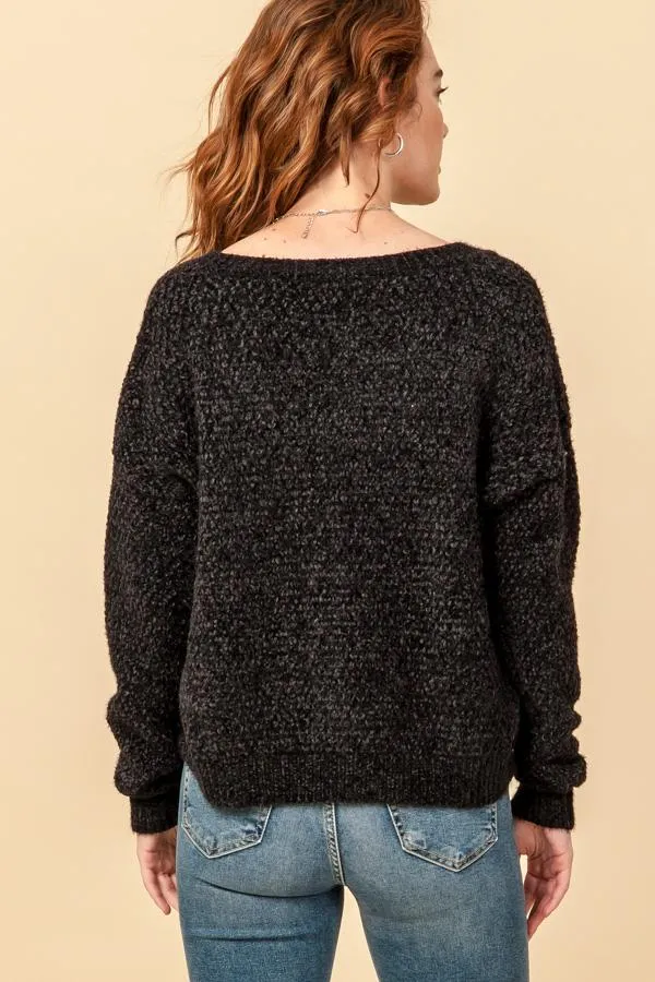 Hyfve Fuzzy Chenille V Neck Sweaters In Black Or Cobalt