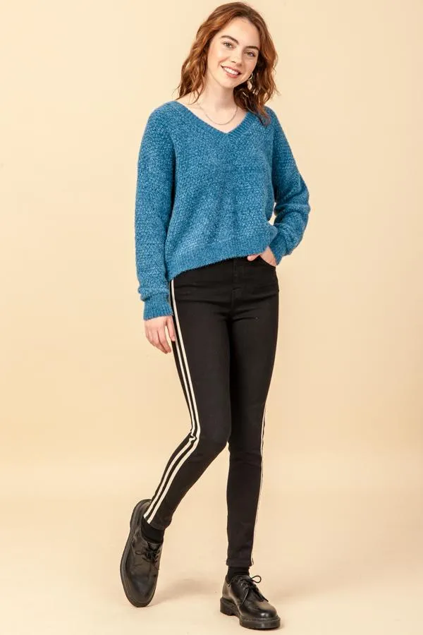 Hyfve Fuzzy Chenille V Neck Sweaters In Black Or Cobalt