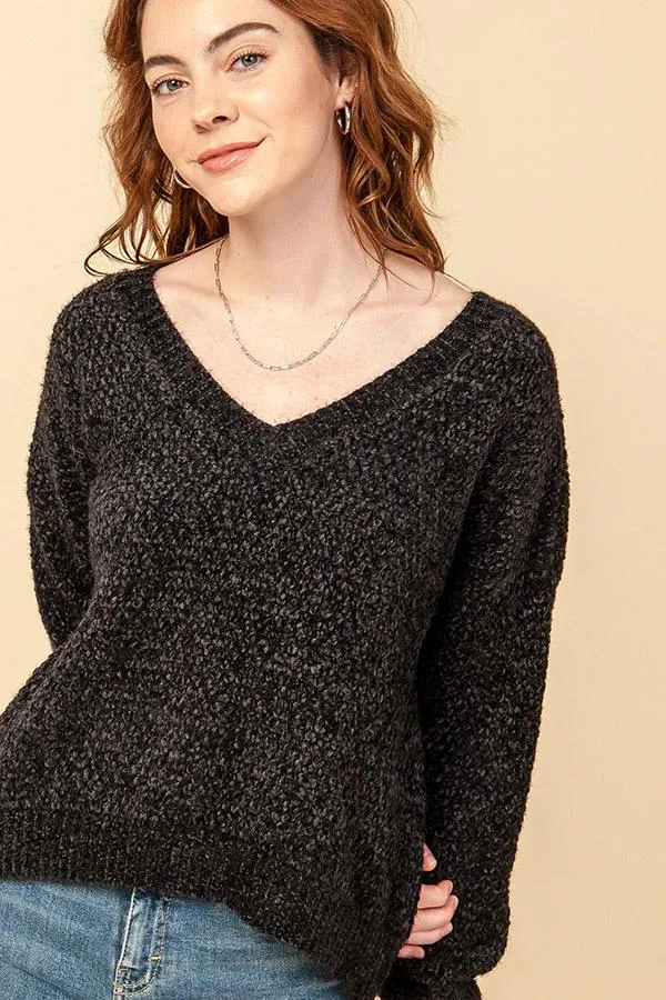 Hyfve Fuzzy Chenille V Neck Sweaters In Black Or Cobalt