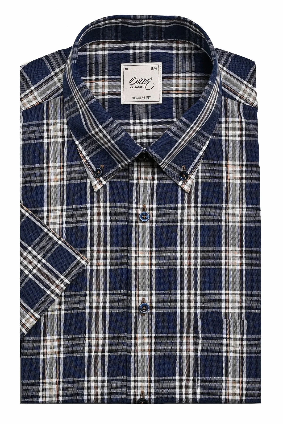Indigo blue checked short sleeve regular fit shirt