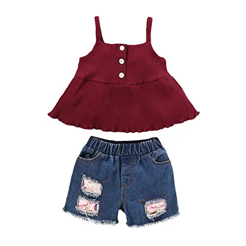 Infant Baby Girl Clothes Sleeveless Ruffle T-Shirt Top Denim Pants Ripped Jeans Red 2PCS Outfits Set Summer Red