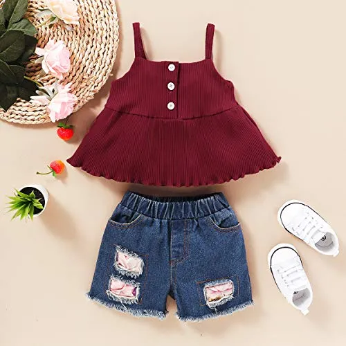 Infant Baby Girl Clothes Sleeveless Ruffle T-Shirt Top Denim Pants Ripped Jeans Red 2PCS Outfits Set Summer Red