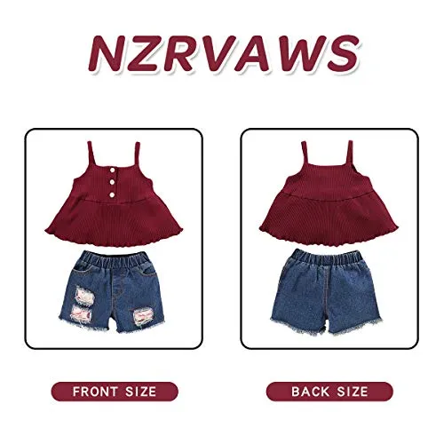 Infant Baby Girl Clothes Sleeveless Ruffle T-Shirt Top Denim Pants Ripped Jeans Red 2PCS Outfits Set Summer Red