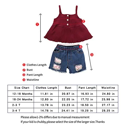 Infant Baby Girl Clothes Sleeveless Ruffle T-Shirt Top Denim Pants Ripped Jeans Red 2PCS Outfits Set Summer Red
