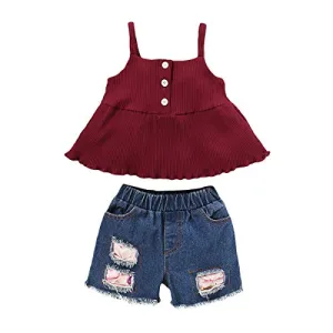 Infant Baby Girl Clothes Sleeveless Ruffle T-Shirt Top Denim Pants Ripped Jeans Red 2PCS Outfits Set Summer Red