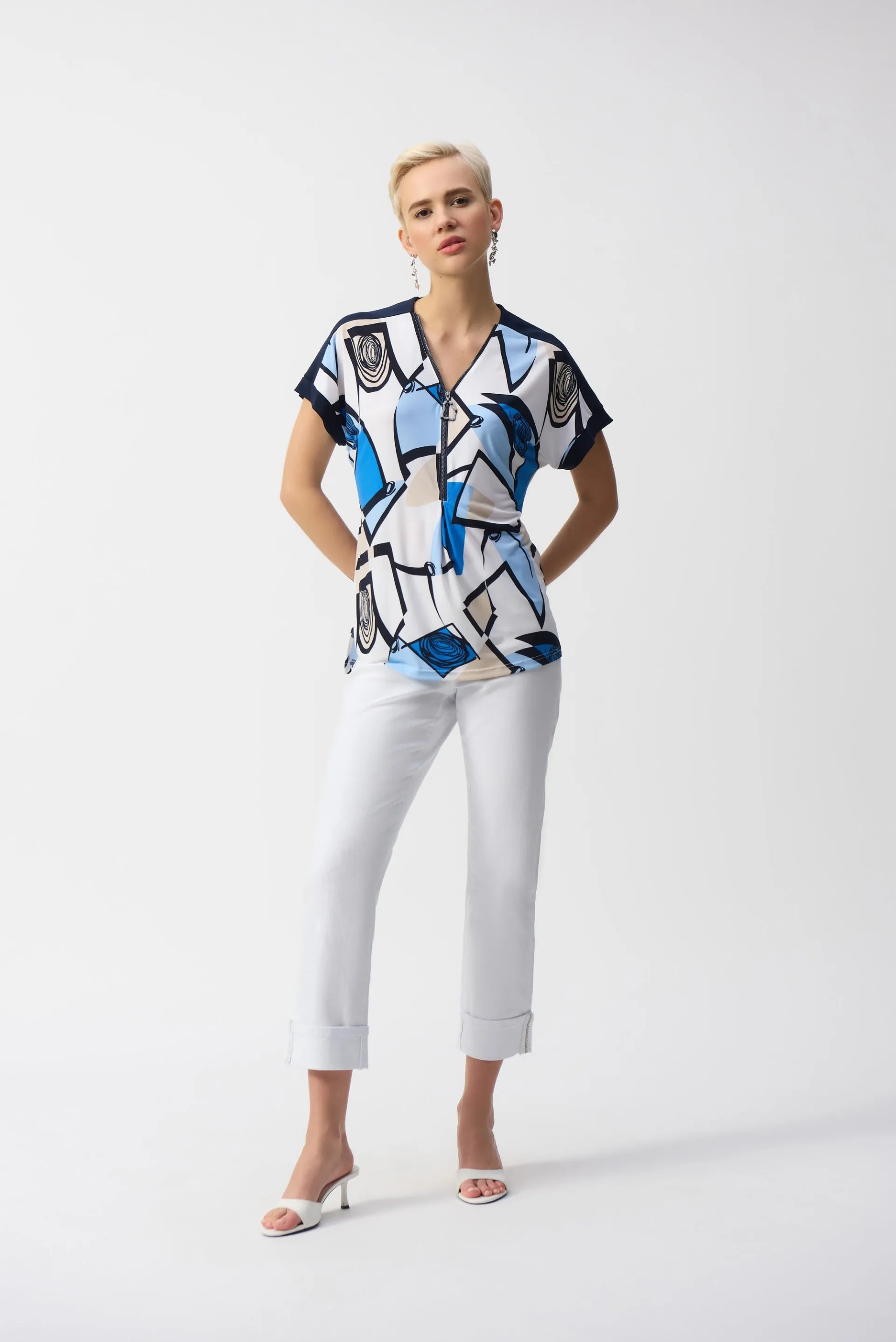 Joseph Ribkoff Vanilla/Multi Geometric Print Straight Top Style 251246