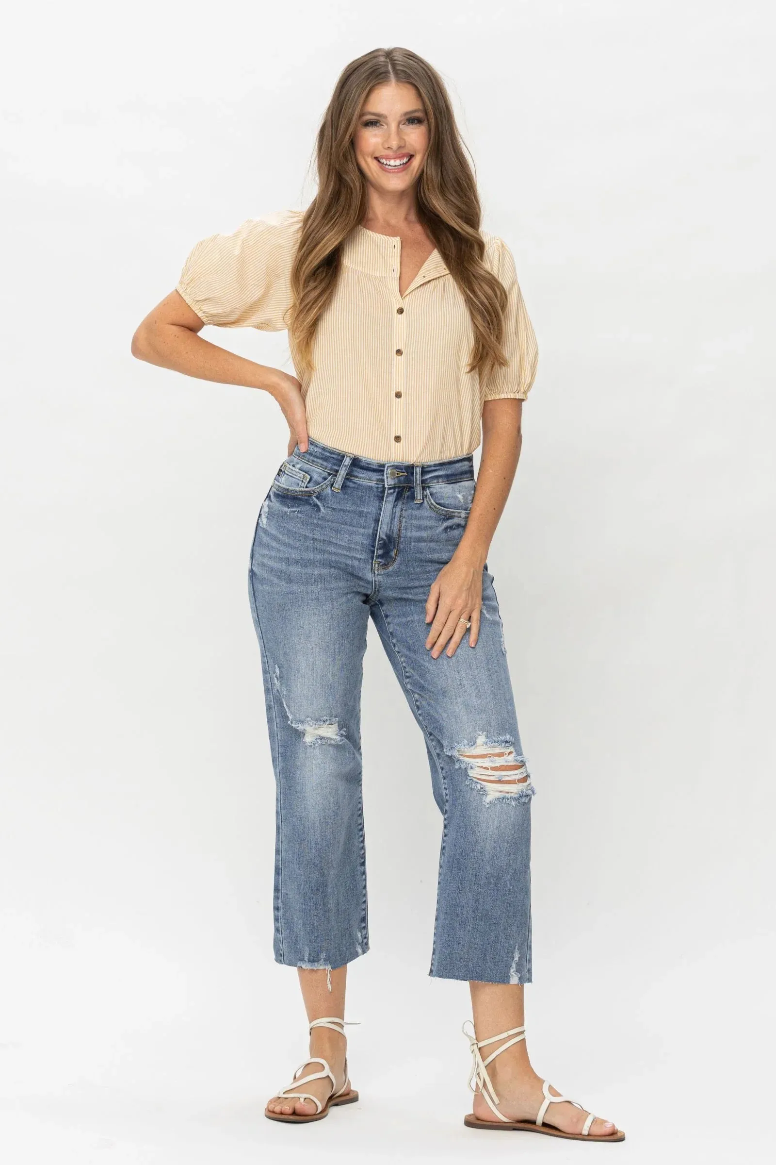 Judy Blue High Waisted Distressed Wide Leg Crop