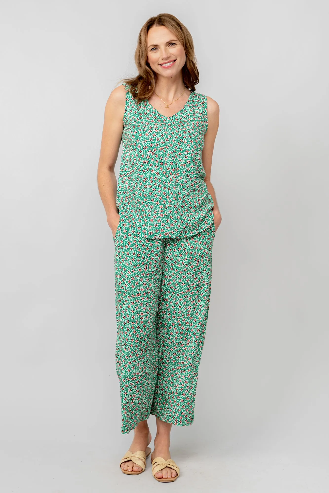 Lily & Me LM25091G Greta Trouser Folk Wide Leg Cropped Trouser Green