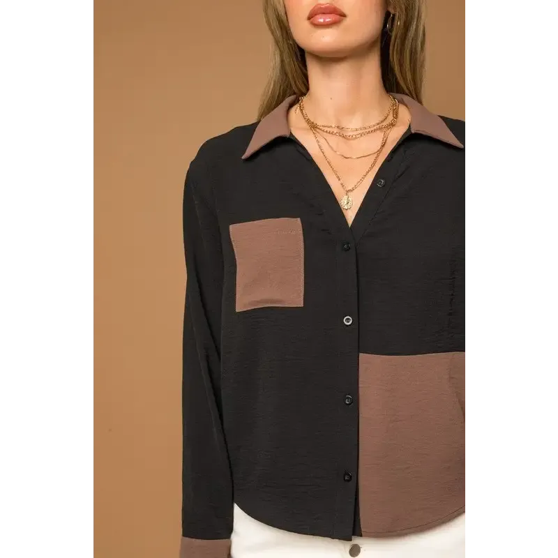 Long Sleeve Color Block Button Down Shirt