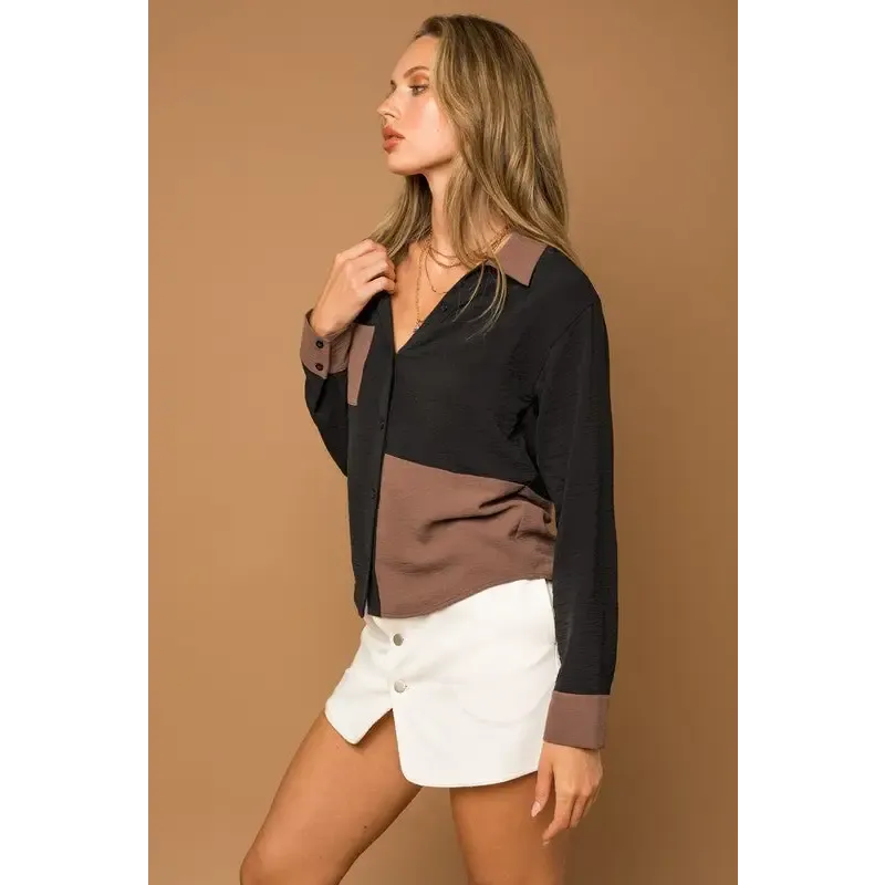 Long Sleeve Color Block Button Down Shirt