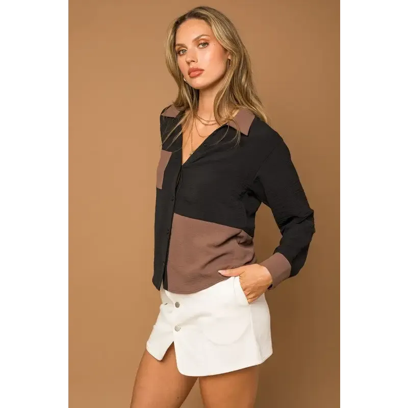 Long Sleeve Color Block Button Down Shirt