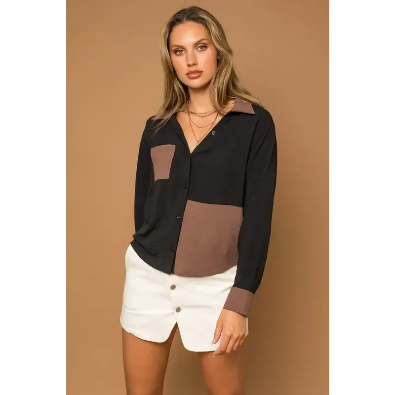 Long Sleeve Color Block Button Down Shirt