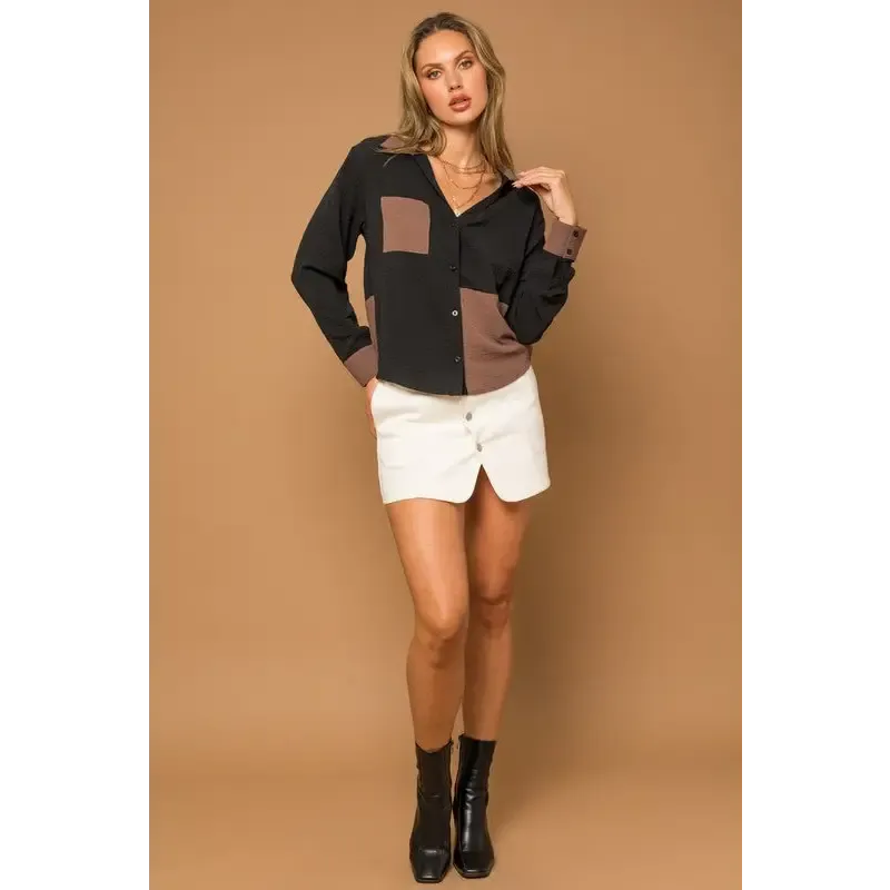 Long Sleeve Color Block Button Down Shirt