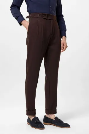 Men's Brown High Waist Pleated Carrot Fit  Trousers - Wessi
