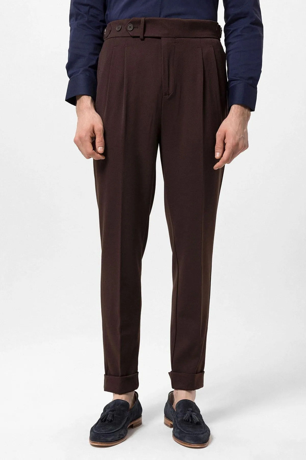 Men's Brown High Waist Pleated Carrot Fit  Trousers - Wessi
