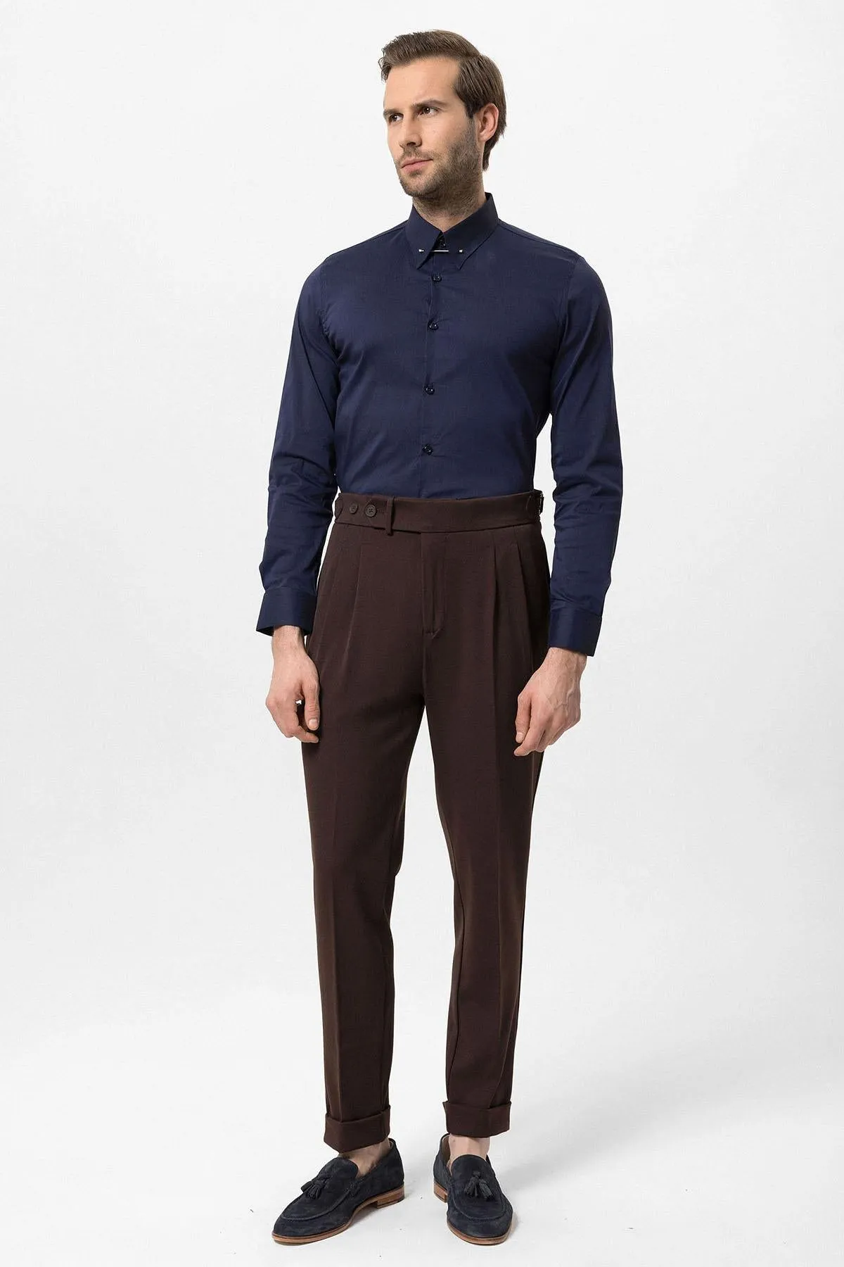 Men's Brown High Waist Pleated Carrot Fit  Trousers - Wessi