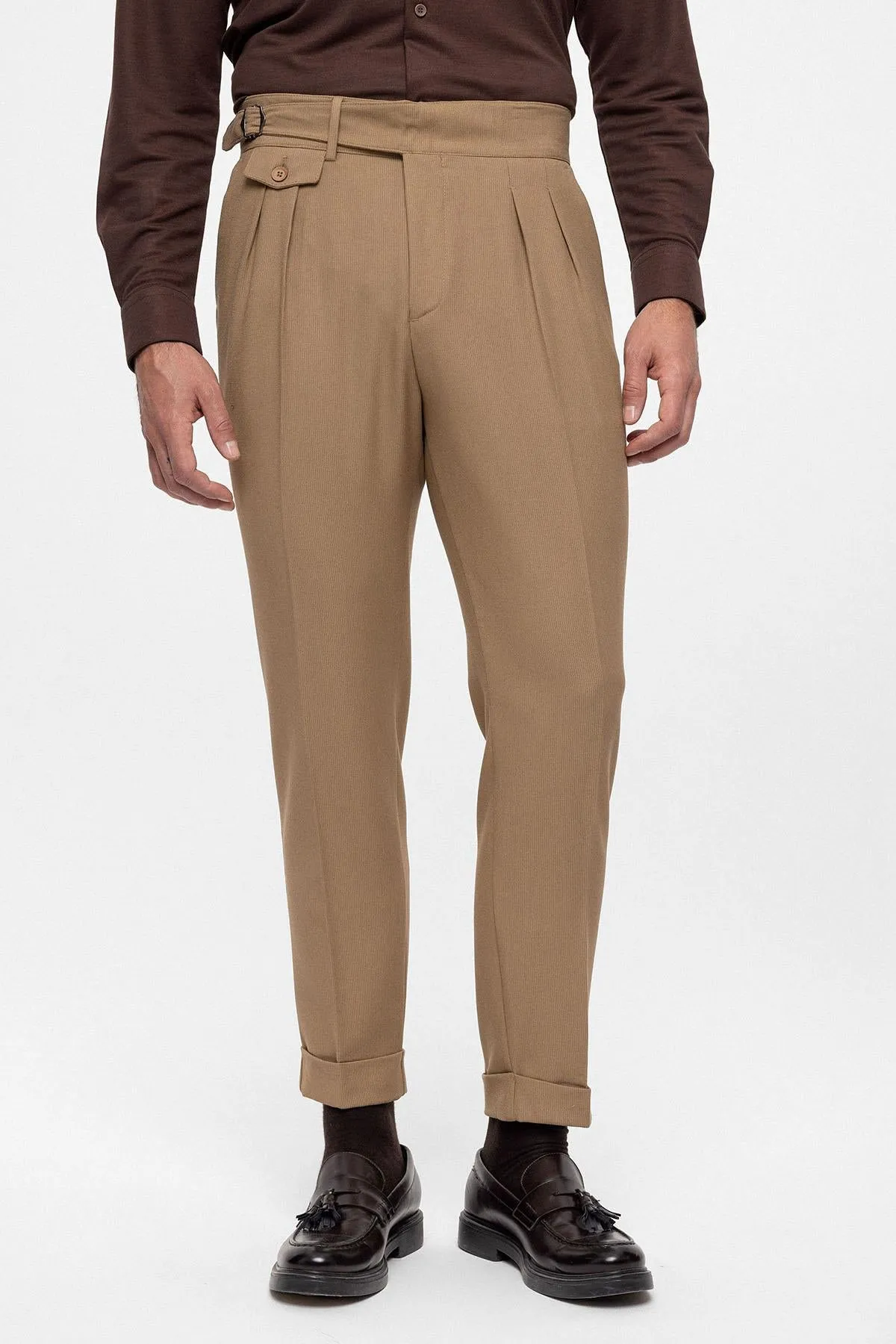 Men's Camel High Waist (Boyfriend) Pleated Fabric Trousers With Buckle Belt - Wessi