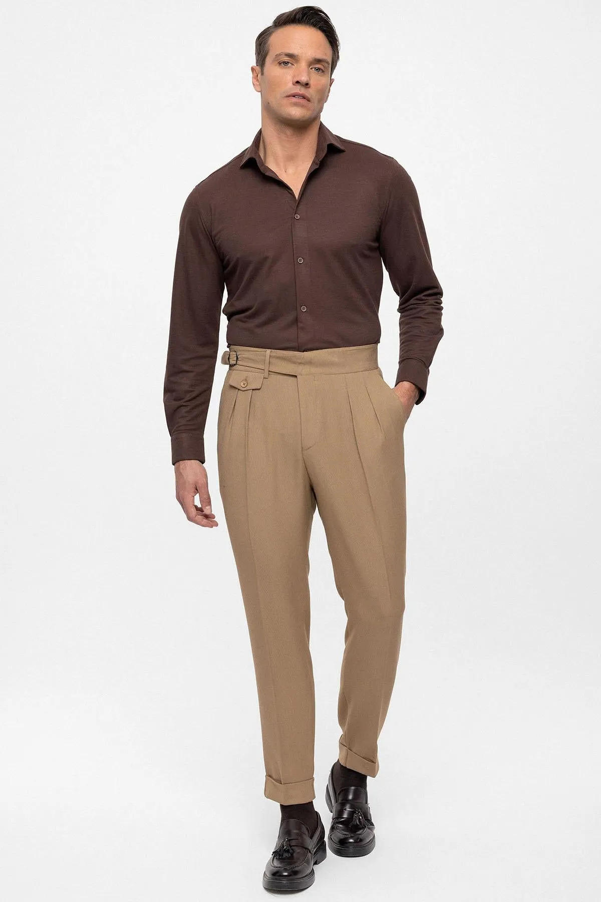 Men's Camel High Waist (Boyfriend) Pleated Fabric Trousers With Buckle Belt - Wessi