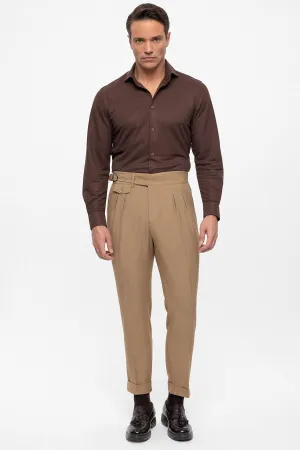 Men's Camel High Waist (Boyfriend) Pleated Fabric Trousers With Buckle Belt - Wessi