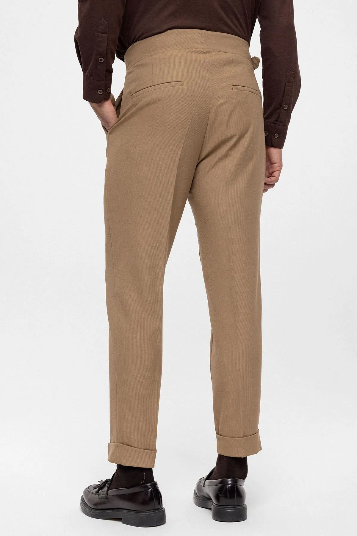 Men's Camel High Waist (Boyfriend) Pleated Fabric Trousers With Buckle Belt - Wessi