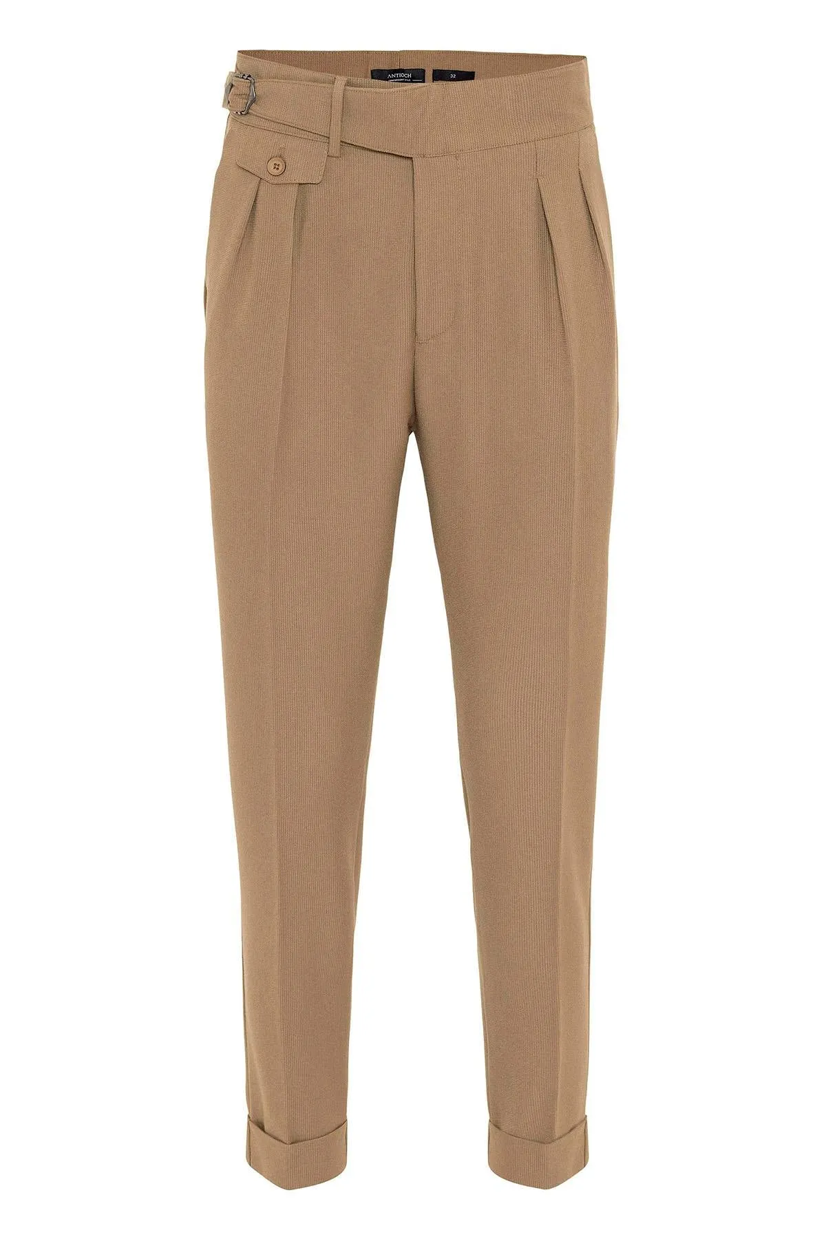 Men's Camel High Waist (Boyfriend) Pleated Fabric Trousers With Buckle Belt - Wessi