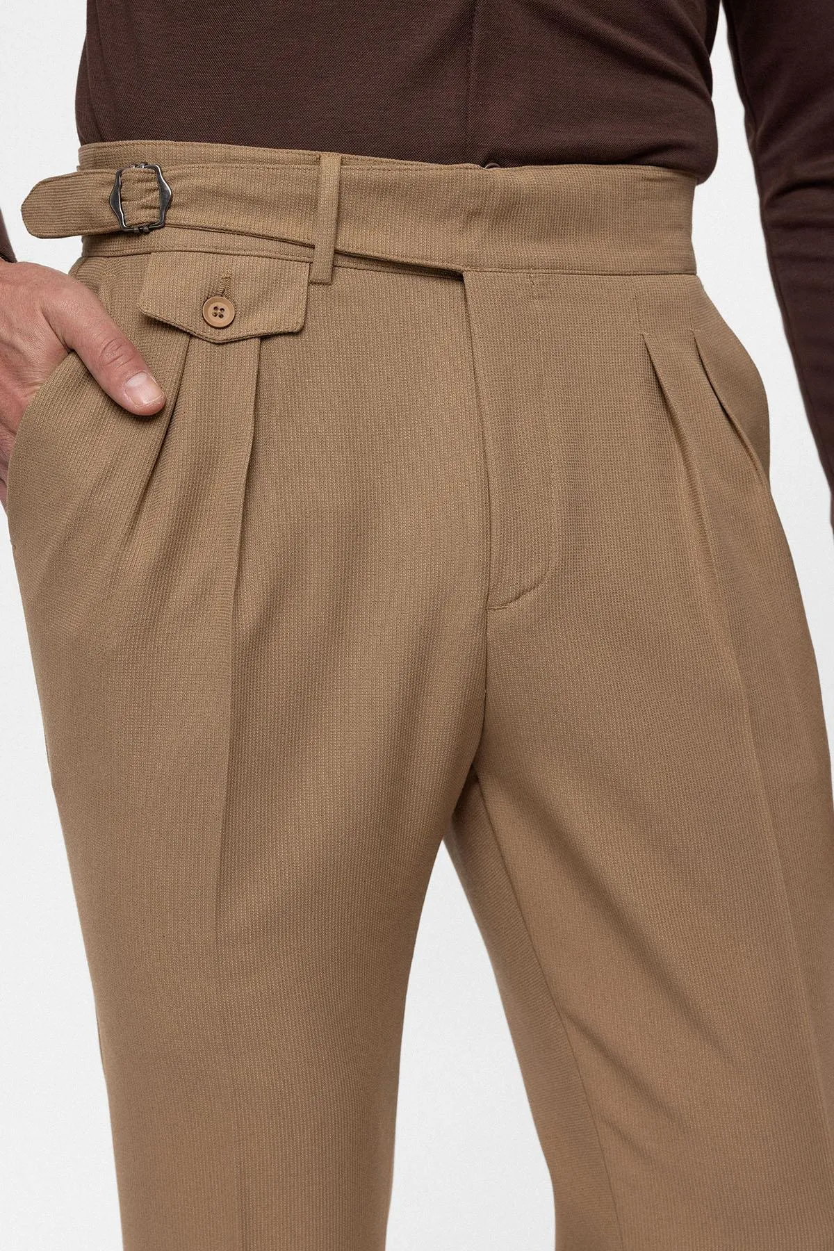 Men's Camel High Waist (Boyfriend) Pleated Fabric Trousers With Buckle Belt - Wessi