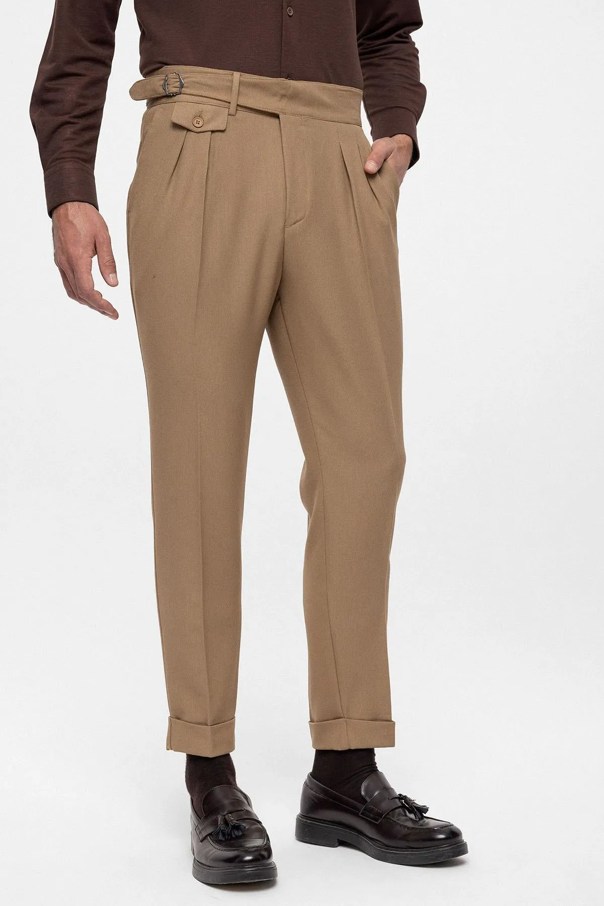 Men's Camel High Waist (Boyfriend) Pleated Fabric Trousers With Buckle Belt - Wessi