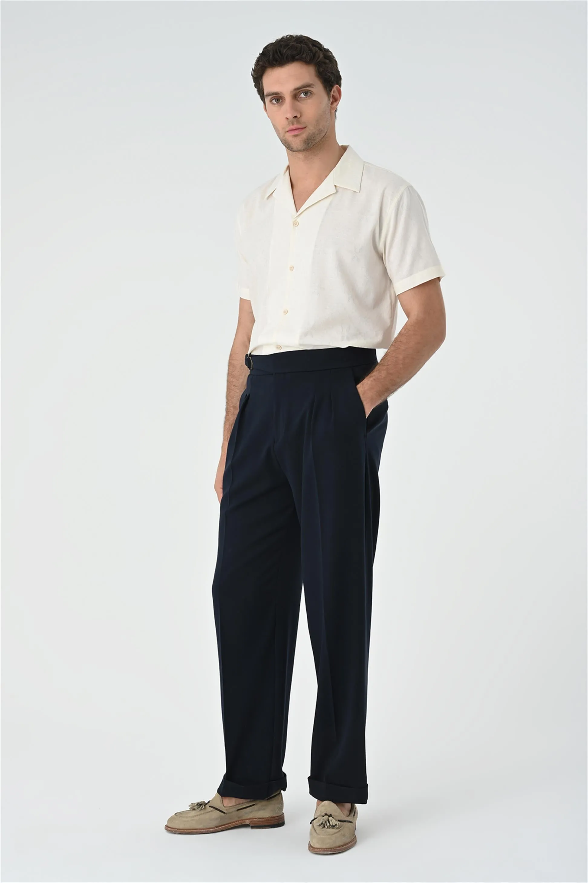 Men's Dark Navy Blue Buckle Detailed Pleated High Waist  Trousers - Wessi