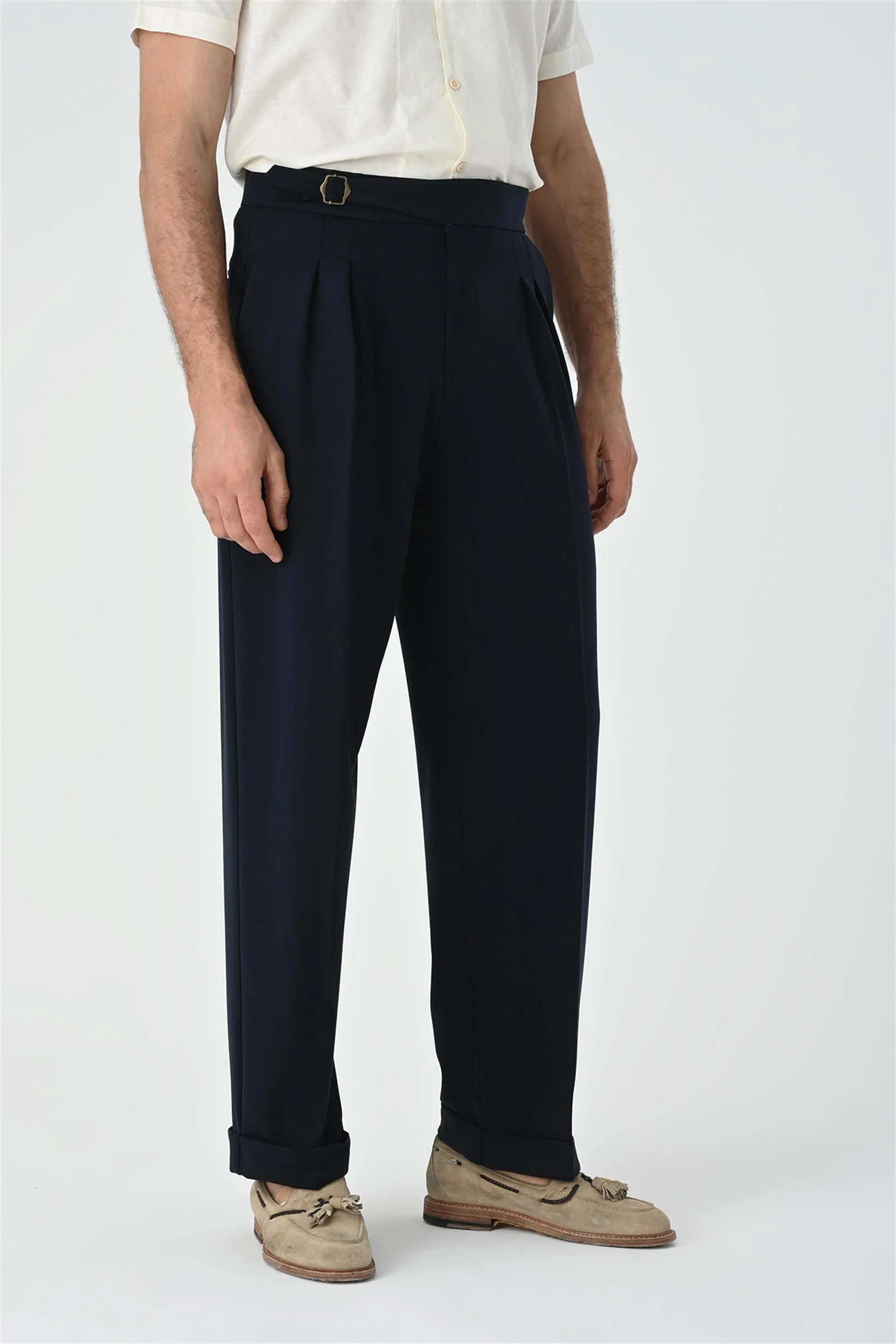 Men's Dark Navy Blue Buckle Detailed Pleated High Waist  Trousers - Wessi