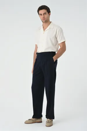 Men's Dark Navy Blue Buckle Detailed Pleated High Waist  Trousers - Wessi