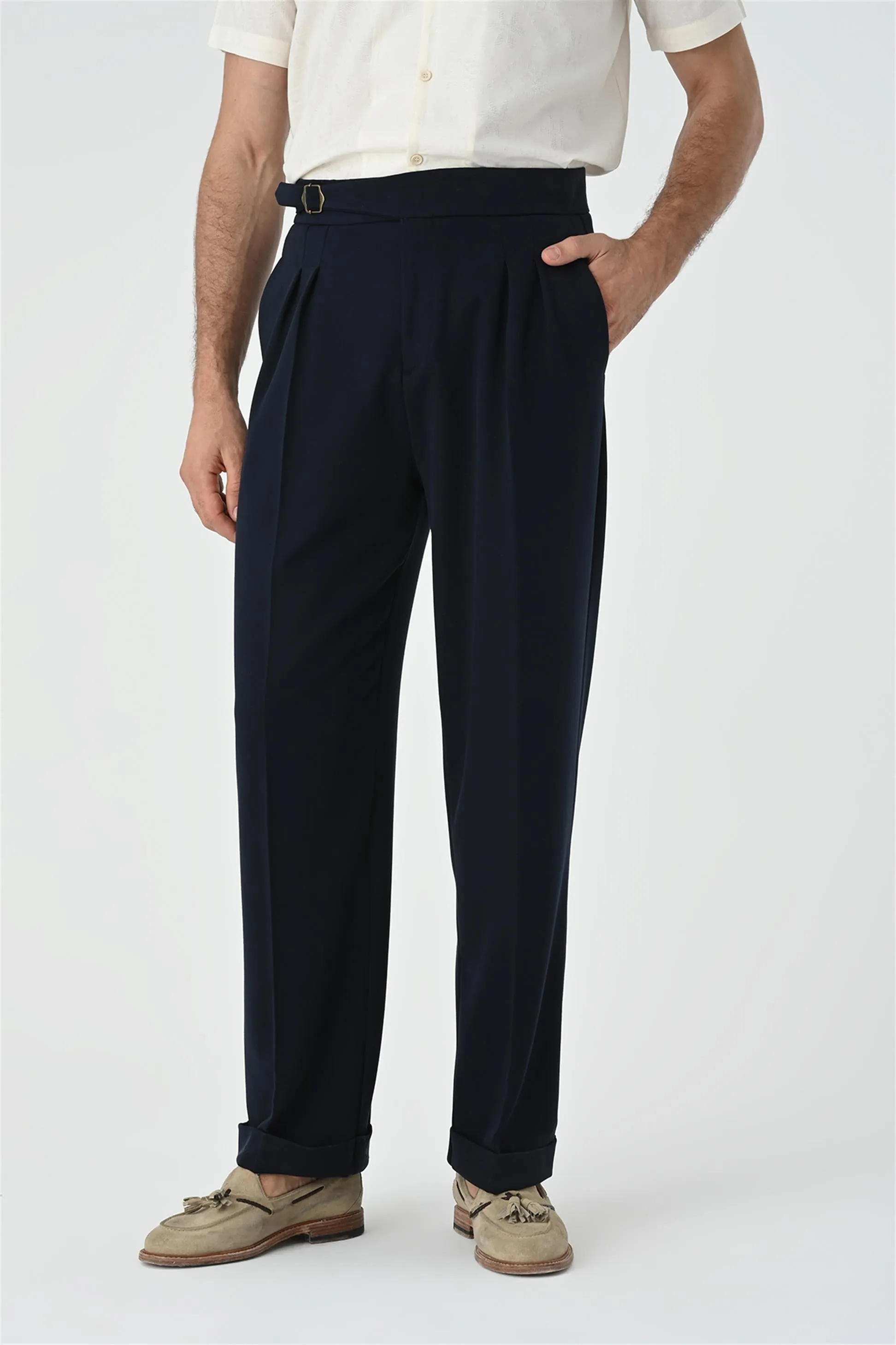 Men's Dark Navy Blue Buckle Detailed Pleated High Waist  Trousers - Wessi