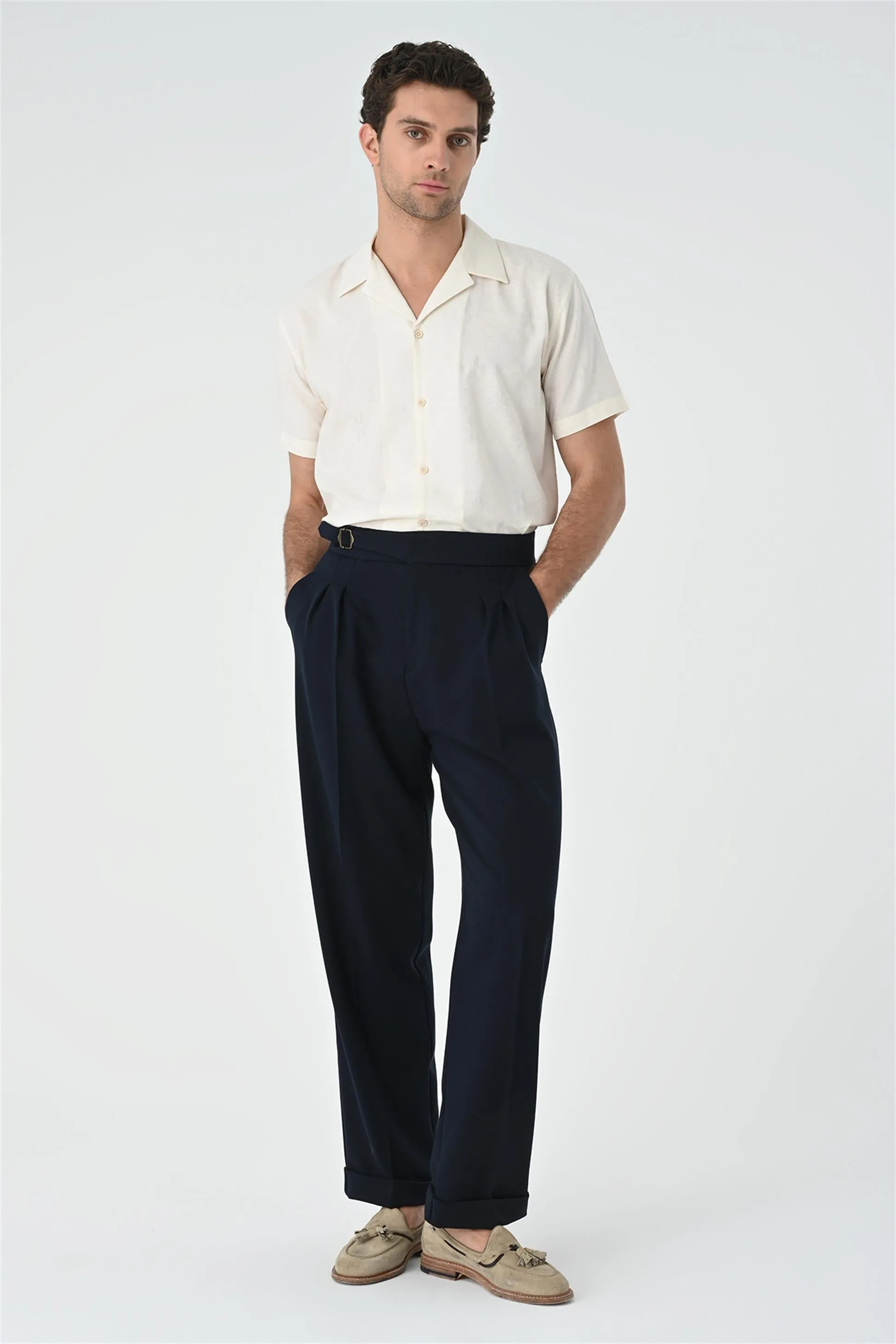 Men's Dark Navy Blue Buckle Detailed Pleated High Waist  Trousers - Wessi