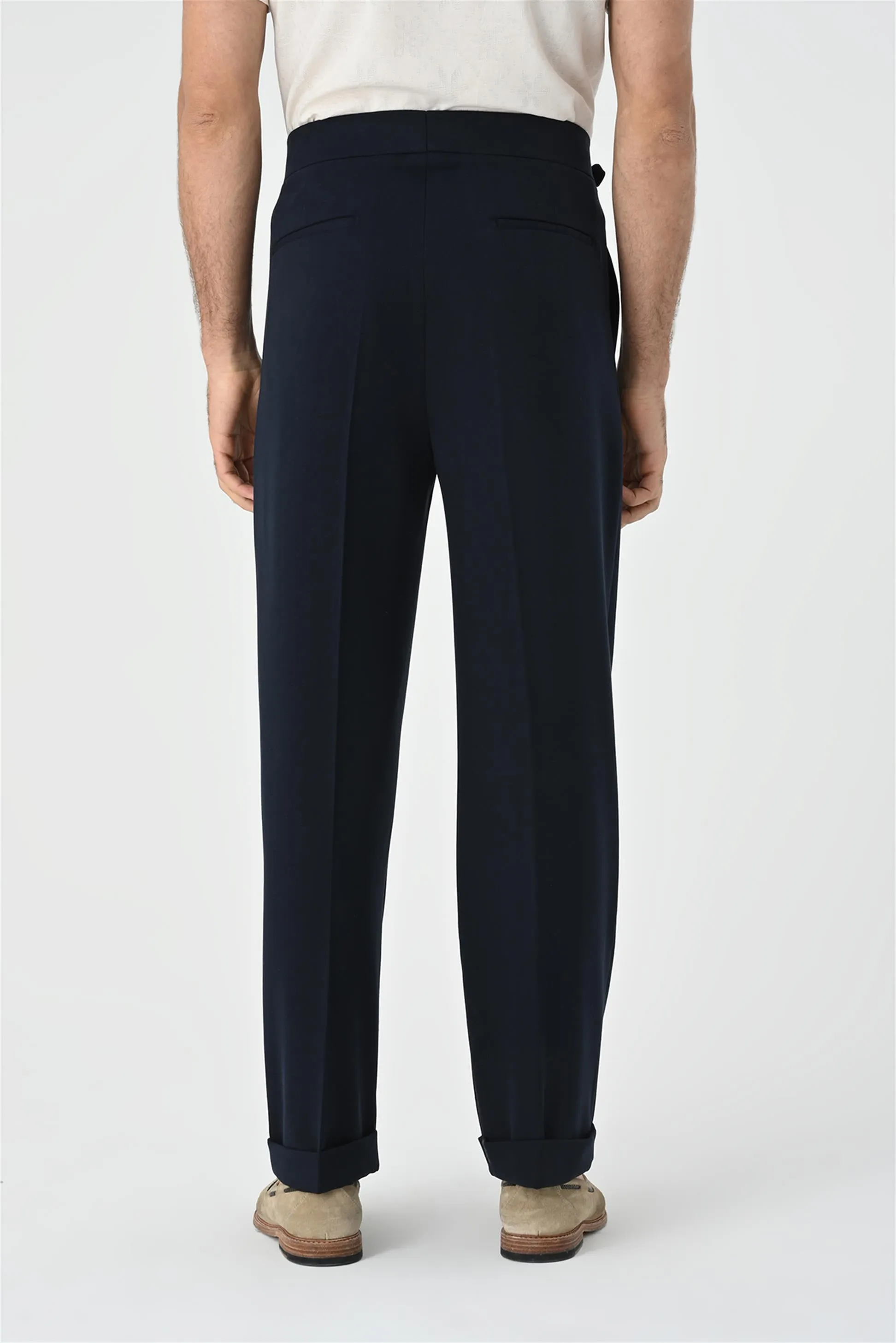 Men's Dark Navy Blue Buckle Detailed Pleated High Waist  Trousers - Wessi