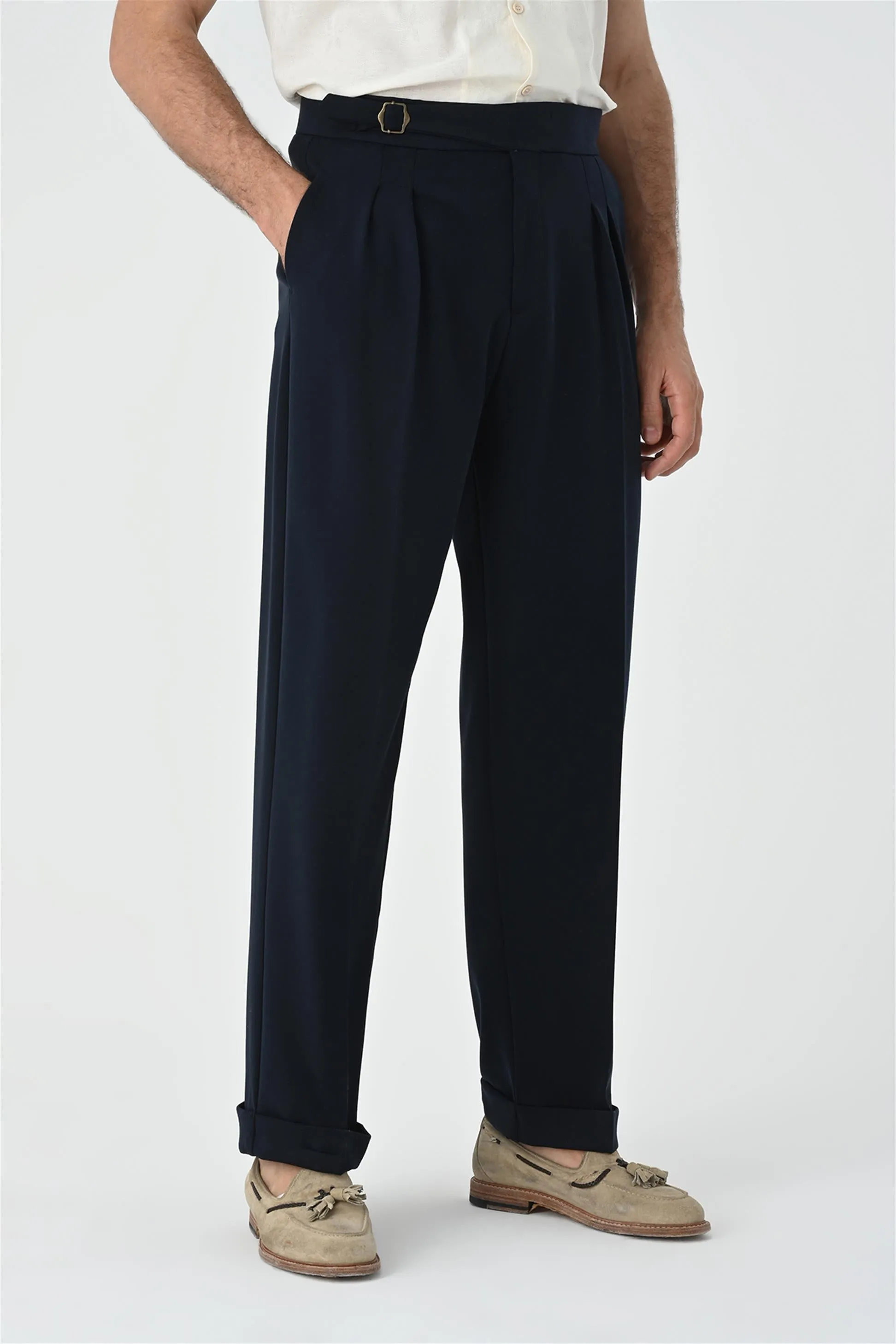 Men's Dark Navy Blue Buckle Detailed Pleated High Waist  Trousers - Wessi