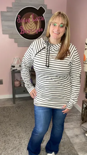 Oatmeal Stripes with Leopard Accent Hoodie