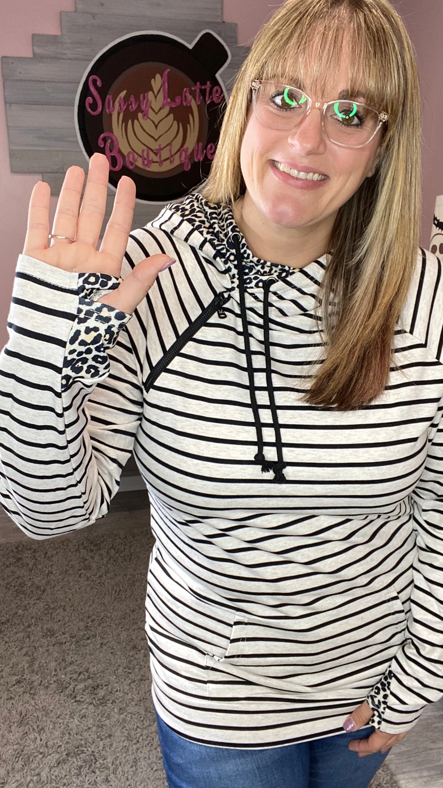 Oatmeal Stripes with Leopard Accent Hoodie
