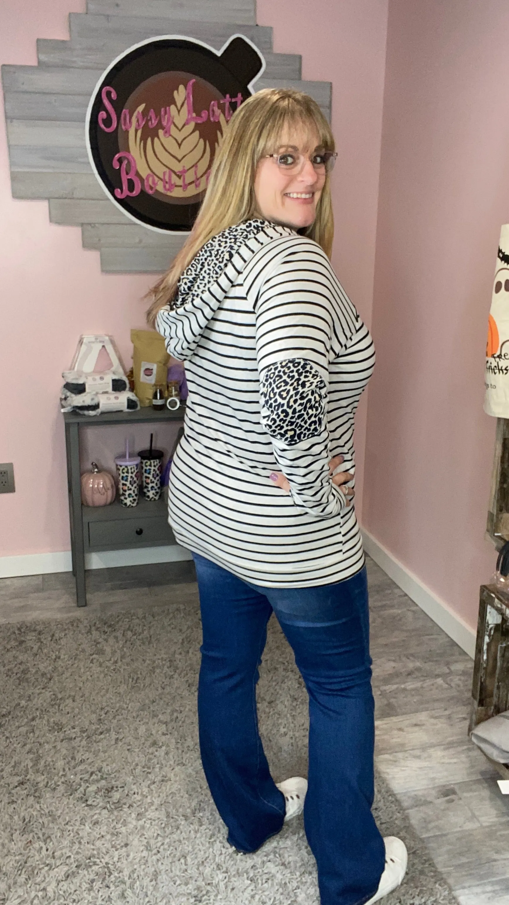 Oatmeal Stripes with Leopard Accent Hoodie