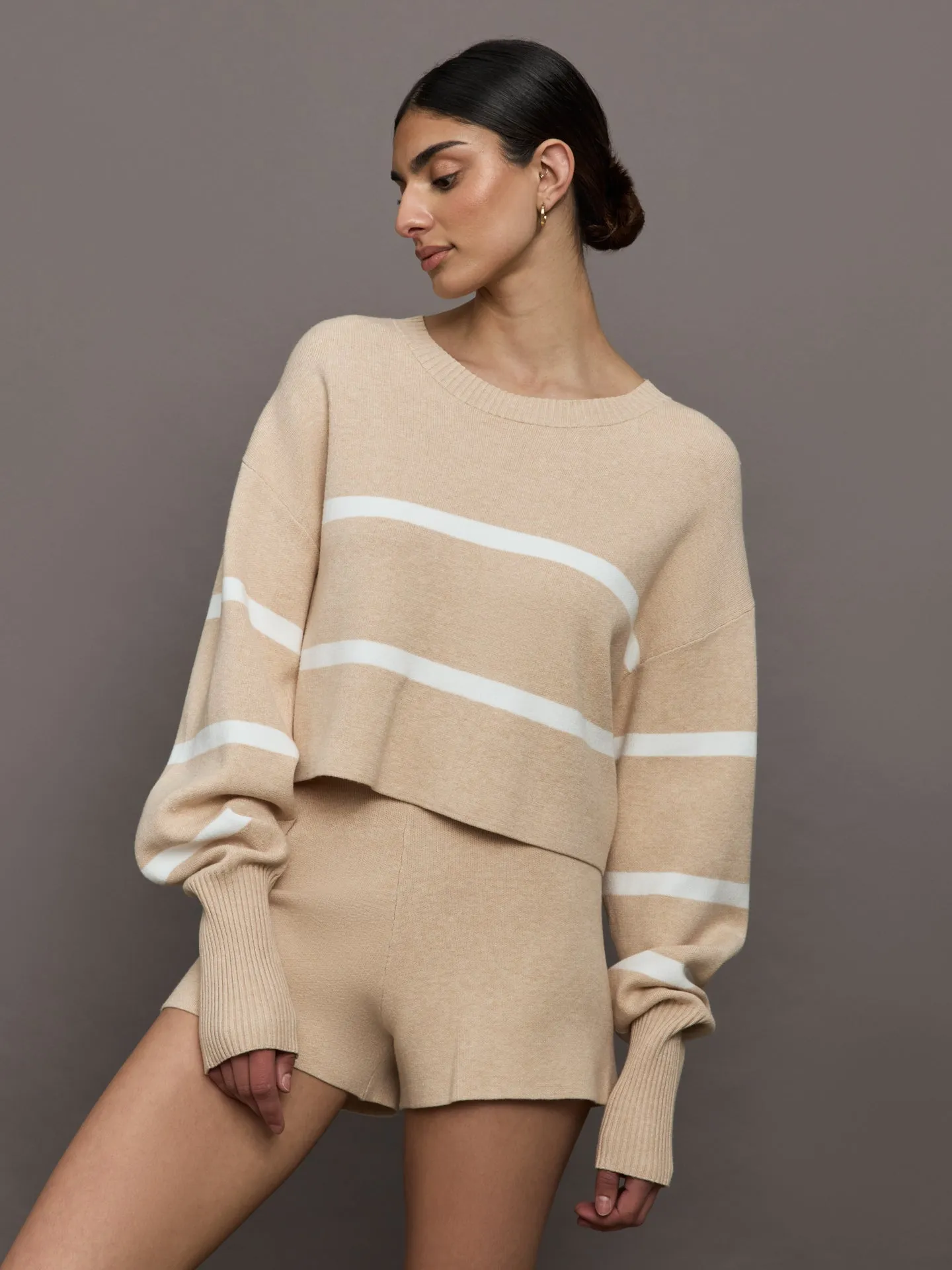Olly Cropped Striped Sweater - Beige Melange