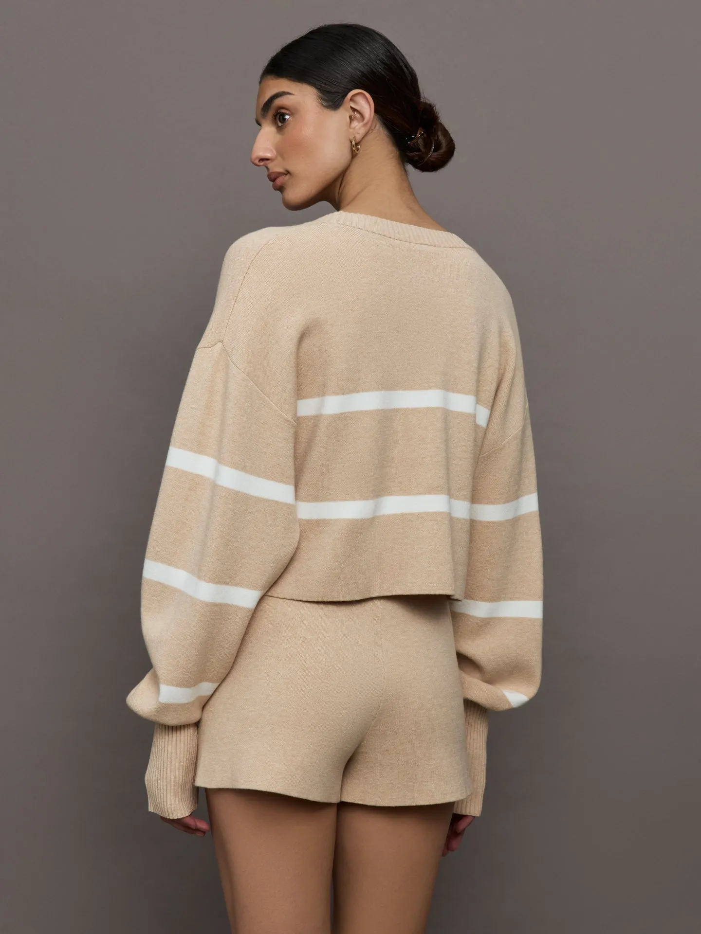 Olly Cropped Striped Sweater - Beige Melange