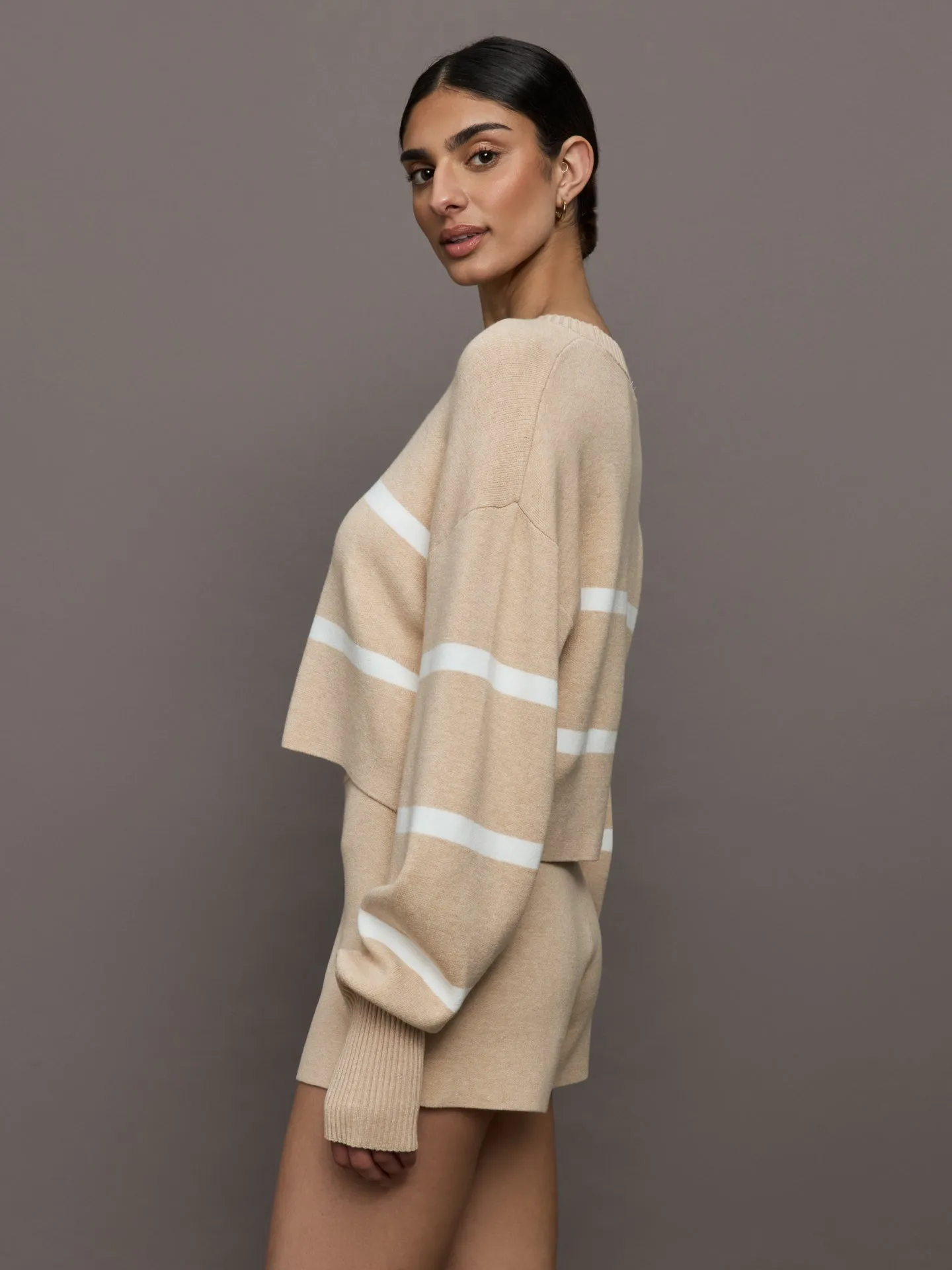Olly Cropped Striped Sweater - Beige Melange