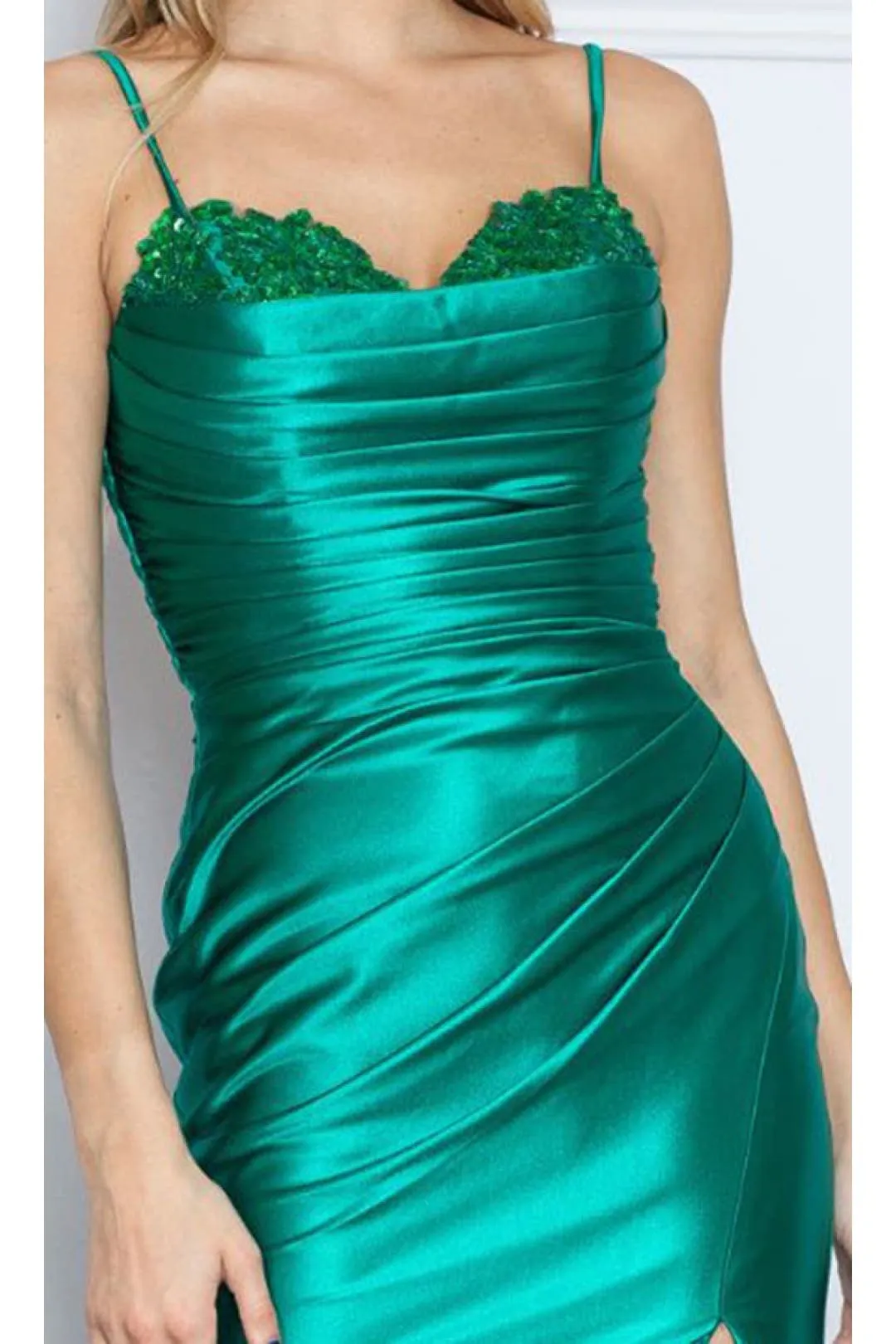 Poly USA 9254 Pleated Bodice Spaghetti Straps Stretchy Prom Gown